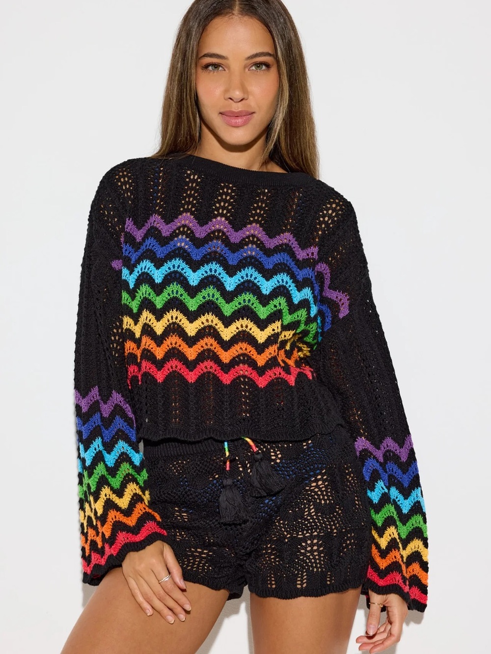 NWT Black Crochet Sweater & Shorts Set with Rainbow Chevron